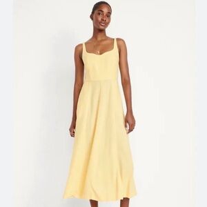 Old Navy Fit & Flare Linen Blend Midi Dress Butter Yellow sz M